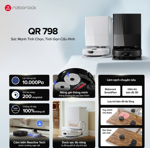 [HÀNG CHÍNH HÃNG] Robot hút bụi lau nhà Roborock QR 798 - Roborock QR798 Đen/ trắng