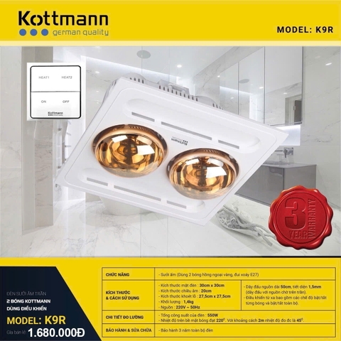 [GIẢM 30%] [CHÍNH HÃNG] KOTTMANN K1A / Đèn sưởi âm trần 2 bóng KOTTMANN K9R - Hàng chính hãng