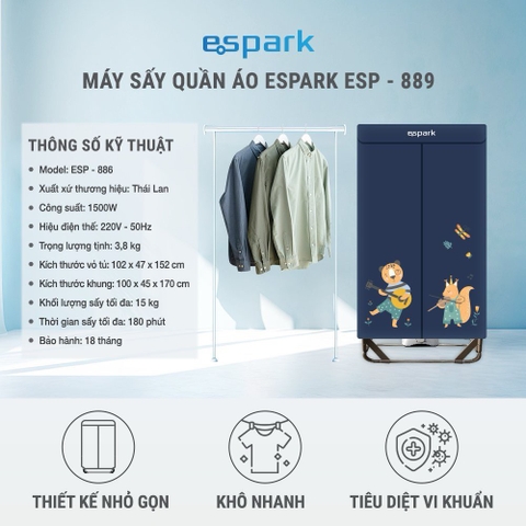 [GIẢM 30%] [HÀNG CHÍNH HÃNG] Tủ sấy quần áo Espark ESP-889