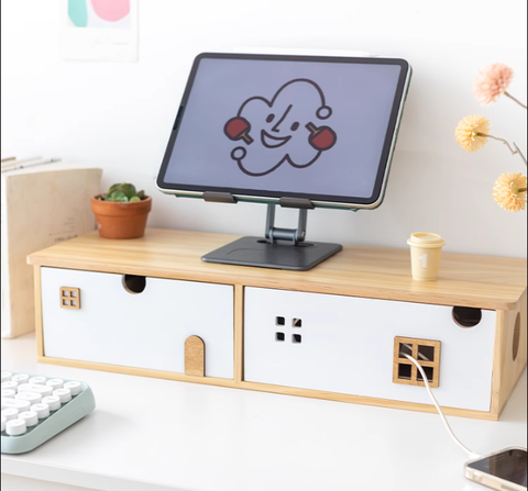 Nhà gỗ để bàn nâng máy tính và hộc lưu trữ