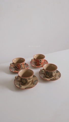 Ly gốm sứ hoa hòe- kèm dĩa lót
