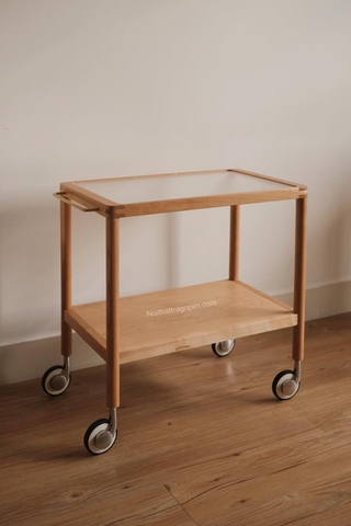 Kệ sofa 02 - gỗ anh đào kết hợp kính có bánh xe