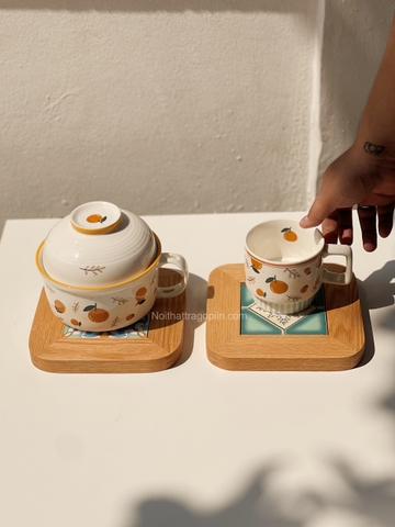 Lót ly/ nồi gạch viền gỗ sáng 02