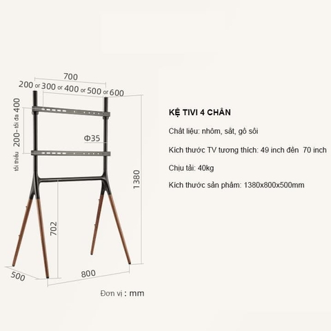 Kệ TV từ 43-75inch loại 4 chân gỗ