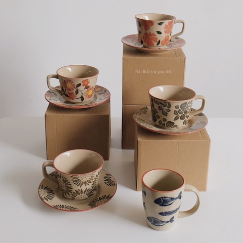 Ly gốm sứ hoa hòe- kèm dĩa lót