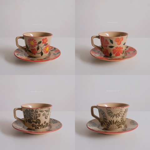 Ly gốm sứ hoa hòe- kèm dĩa lót