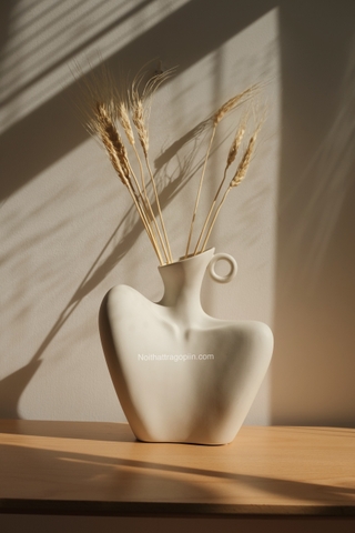 Bình gốm nghệ thuật trang trí hình cơ thể người - phần vai cổ màu vàng không kèm bông lúa