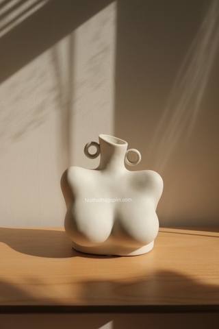 Bình gốm nghệ thuật trang trí hình cơ thể người - phần vai cổ màu vàng không kèm bông lúa