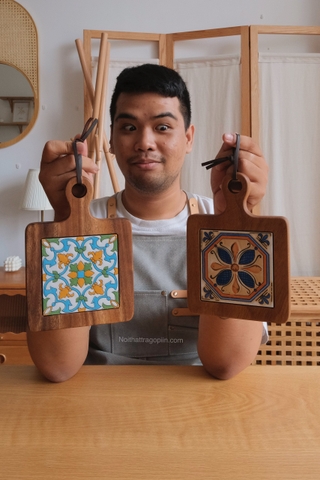 Lót ly/nồi gạch viền gỗ tay cầm