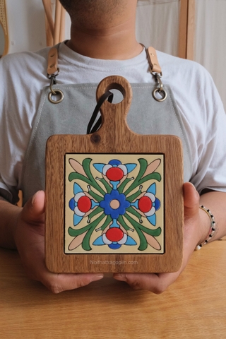 Lót ly/nồi gạch viền gỗ tay cầm