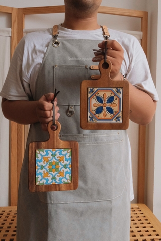 Lót ly/nồi gạch viền gỗ tay cầm