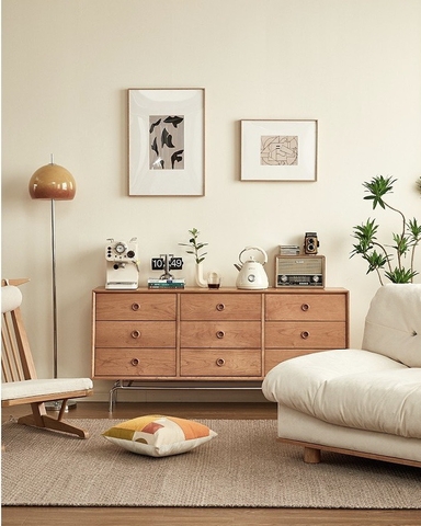 [ORDER] Tủ gỗ 9 ngăn kéo chân thép không gỉ - Gỗ anh đào