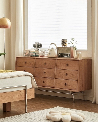 [ORDER] Tủ gỗ 9 ngăn kéo chân thép không gỉ - Gỗ anh đào