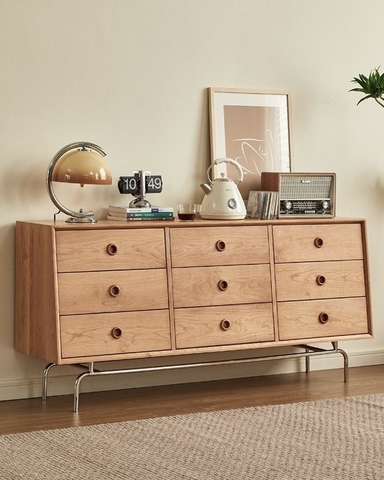 [ORDER] Tủ gỗ 9 ngăn kéo chân thép không gỉ - Gỗ anh đào