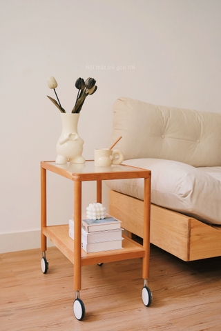 Kệ sofa 02 - gỗ anh đào kết hợp kính có bánh xe