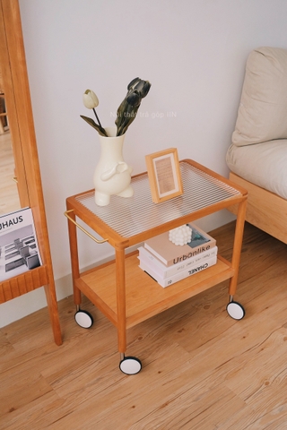 Kệ sofa 02 - gỗ anh đào kết hợp kính có bánh xe
