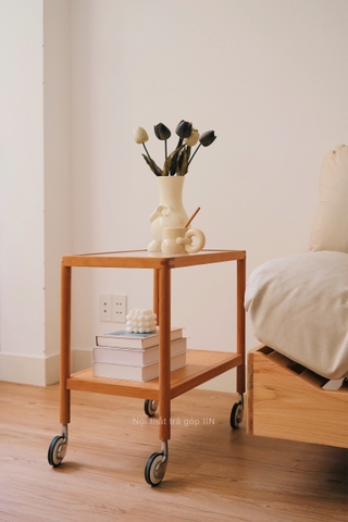 Kệ sofa 02 - gỗ anh đào kết hợp kính có bánh xe