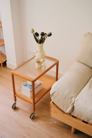 Kệ sofa 02 - gỗ anh đào kết hợp kính có bánh xe