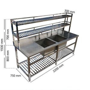 Chậu Rửa Công Nghiệp 2 Hố 2200×750 Có Kệ