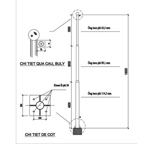 Cột cờ inox cao 10 m. Inox 304 – Loại thường