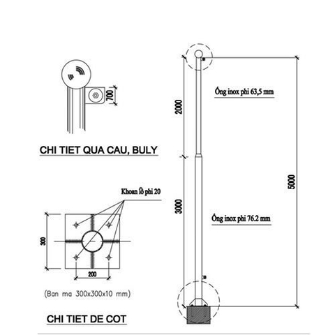 Cột cờ inox cao 5 m. Inox 304 – Loại thường