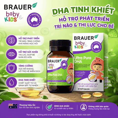 Dầu cá DHA brauer baby kids ultra pure DHA phát triển trí não cho bé từ 7 tháng tuổi hộp 60 viên nang mềm