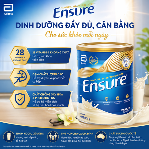 Sữa bột ensure  abbott vanilla 850g nội địa Úc hương vani giàu dinh dưỡng hộp 850g