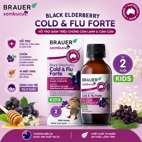 Siro giảm các triệu chứng cảm cúm, cảm lạnh Brauer Black Elederberry cold and flu forte (100ML)