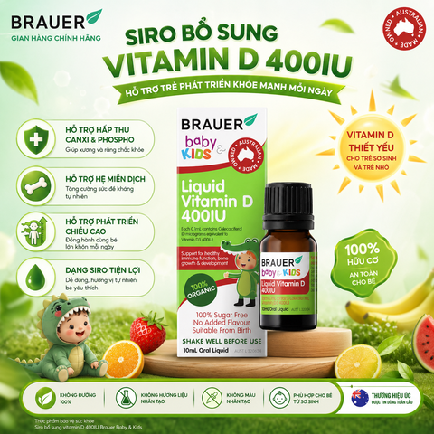 Siro bổ sung Vitamin D 400IU từ thực vật hữu cơ Brauer Baby Kids Liquid 10ml dành cho trẻ sơ sinh trở lên