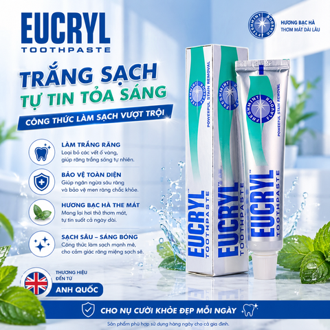 Kem đánh răng bạc hà tẩy trắng tự nhiên Eucryl Toothpaste 62g - nội địa Anh