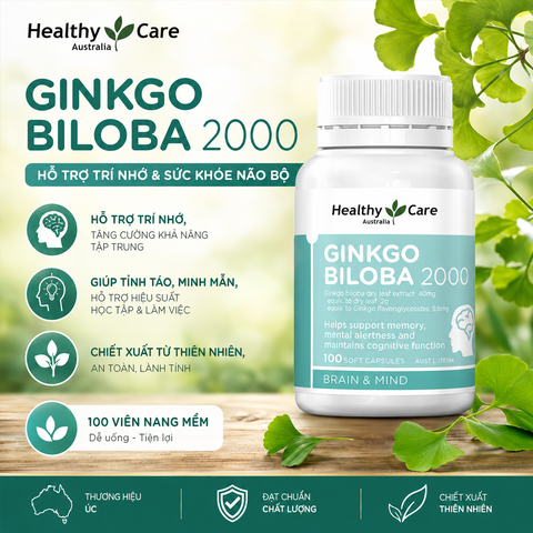 Bổ não ginkgo bibola 2000mg Healthy Care hỗ trợ tuần hoàn máu não hộp 100 viên