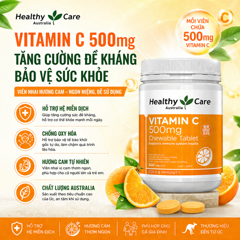 Viên nhai Vitamin C 500mg Chewable Healthy Care hỗ trợ làm đẹp da, tăng đề kháng 500 viên