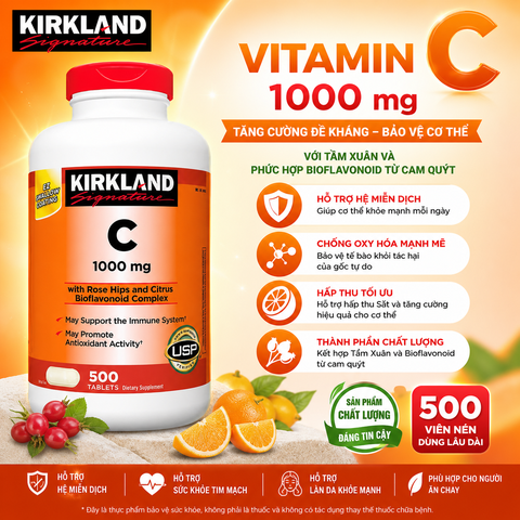 Vitamin C 1000mg Kirkland Signature hỗ trợ tăng đề kháng hộp 500 viên