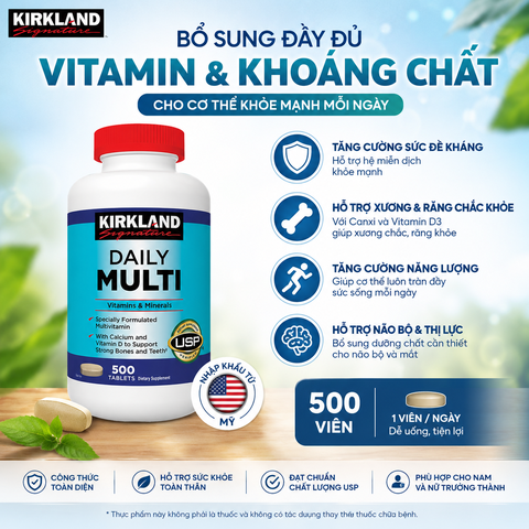 Thực phẩm bảo vệ sức khỏe Kirkland Signature Daily Multi 500 viên vitamin tổng hợp dưới 50 tuổi hộp 500 viên