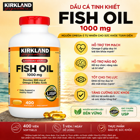 Dầu cá Fish Oil 1000mg Kirkland Signature sáng mắt, tăng thị lực hộp 400 viên
