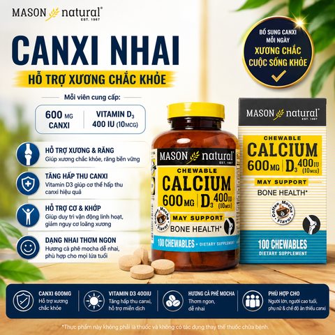 Mason Natural Calcium 600mg + D3 - Bổ sung canxi cho cơ thể 100 viên