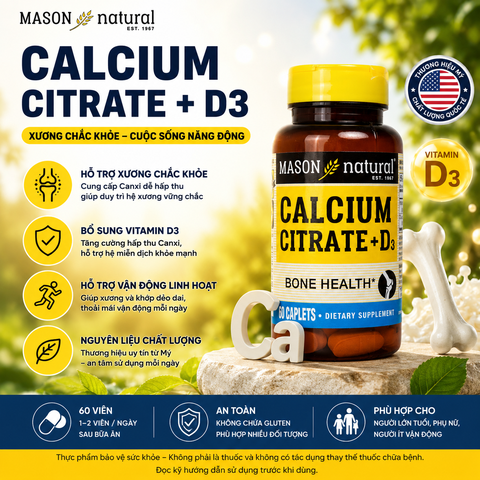 Viên uống canxi hữu cơ Mason Natural Calcium Citrate + D3 hỗ trợ xương chắc khỏe, phòng ngừa loãng xương 60 viên