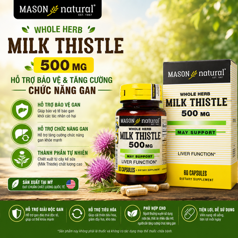 Viên Uống Bổ Gan Mason Natural Milk Thistle 500mg Lọ 60 Viên Hỗ Trợ Giải Độc, Bổ Gan, Cải Thiện Chức Năng Gan