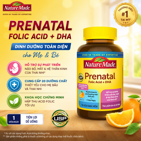 Vitamin tổng hợp cho bà bầu nature Prenatal Multivitamin Folic Acid + DHA Softgels hộp 150 viên nội địa Mỹ