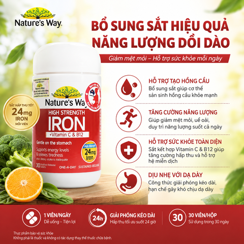 Nature’s Way high strength Iron + vitamin C và B12 – Bổ sung sắt hữu cơ cho người thiếu sắt, bổ sung sắt cho bà bầu