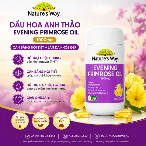Tinh dầu hoa Anh Thảo Nature's Way evening primrose oil hỗ trợ cân bằng nội tiết tố nữ 60 viên