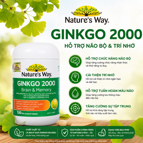 Bổ não ginkgo biloba nature's way 2000mg giúp tăng tuần hoàn máu não, giảm đau đầu 120 viên/hộp