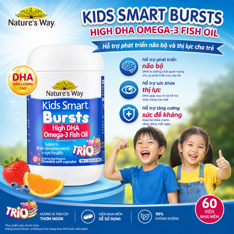 Viên nhai dầu cá ba màu Nature's Way kids smart bursts high DHA omega-3 fish Oil trio hỗ trợ tốt cho não bộ và mắt cho bé 60 viên