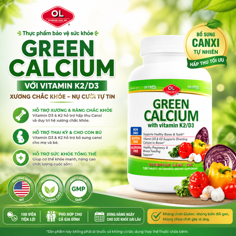 Bổ sung canxi hữu cơ cho cơ thể Olympian Labs Green Calcium with Vitamin K2/D3 hộp 100 viên