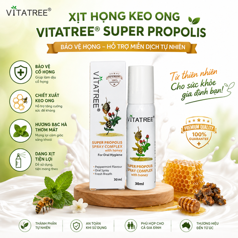 Combo 02 hộp Xịt keo ong Vitatree Super Propolis Spray Complex With Manuka 15+ hỗ trợ giảm ho chai 30ml