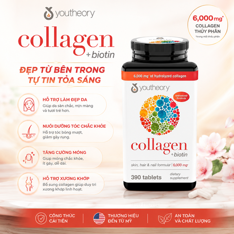 Collagen youtheory type 1 2 & 3 dành cho nữ 390 viên chắc khỏe xương khớp chống lão hóa da móng tóc