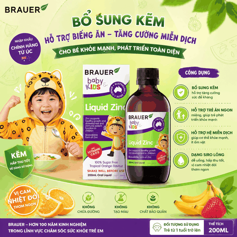 Siro bổ sung kẽm Brauer Baby Kids Liquid Zinc 200mL hỗ trợ trẻ biếng ăn cho trẻ từ 1 tuổi