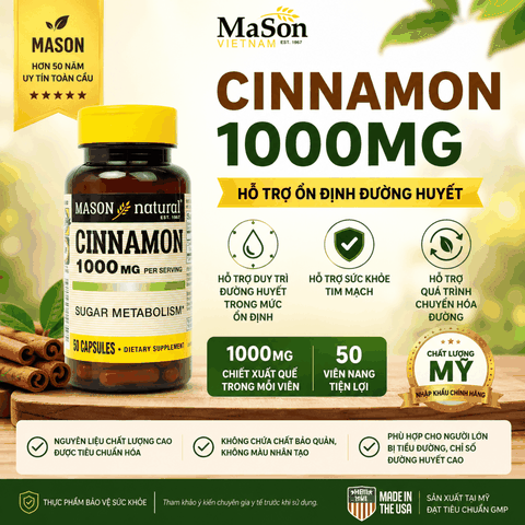 Mason Natural Cinamon 1000mg hộp 50 viên Hỗ trợ kiểm soát chỉ số đường huyết (50 viên)