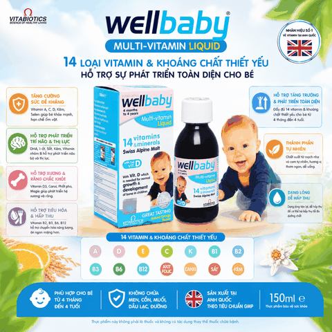 Vitabiotics Wellbaby Multi-Vitamin Liquid Chai 150ml 14 loại vitamin và khoáng chất thiết yếu cho bé 150ml