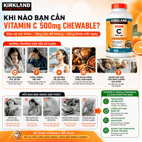 Viên nhai Vitamin C Kirkland Signature 500mg hỗ trợ làm đẹp da, tăng đề kháng 500 viên